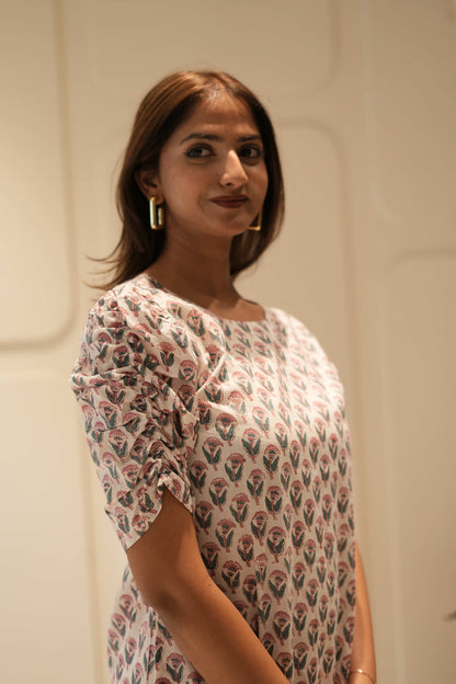 Ivory & Blush Buta Printed Straight Kurta with Puff Sleeves