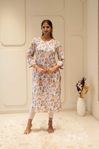 Ivory Floral Printed Straight Kurta with Three-Quarter Sleeves